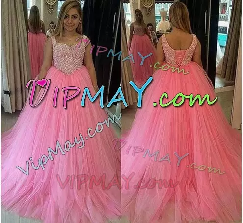 Delicate Floor Length Pink Quinceanera Gowns Tulle Sleeveless Beading and Ruching