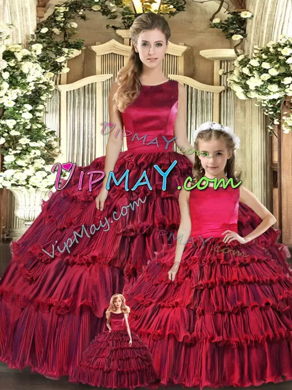 Eye-catching Wine Red Scoop Lace Up Ruffled Layers Quince Ball Gowns Sleeveless