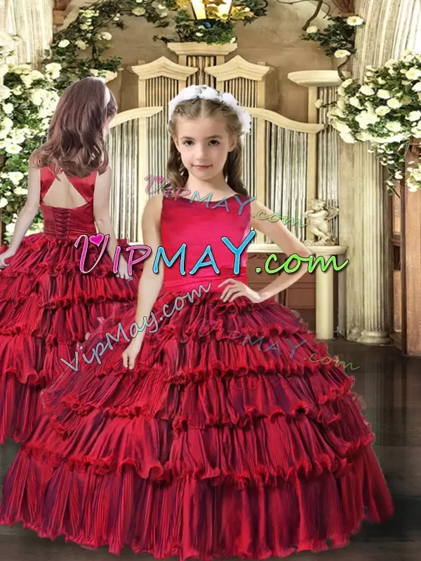 Eye-catching Wine Red Scoop Lace Up Ruffled Layers Quince Ball Gowns Sleeveless