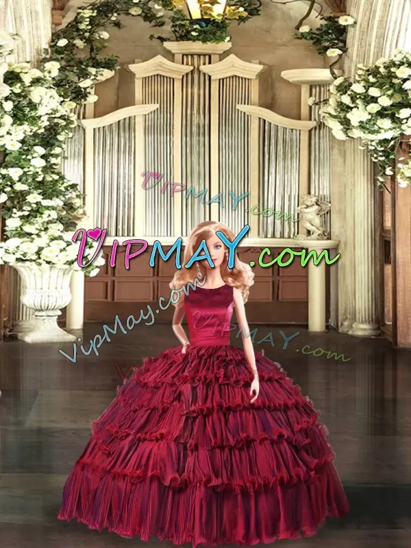 Eye-catching Wine Red Scoop Lace Up Ruffled Layers Quince Ball Gowns Sleeveless