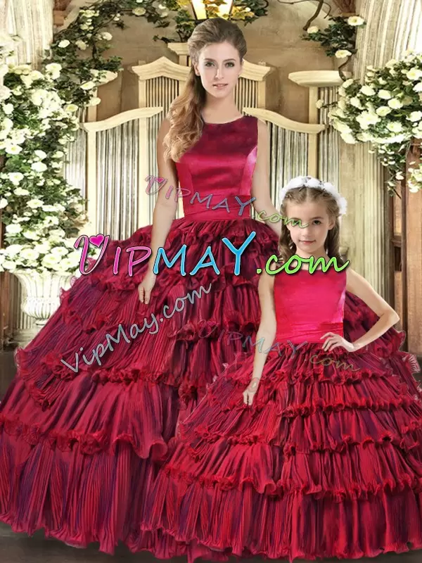 Eye-catching Wine Red Scoop Lace Up Ruffled Layers Quince Ball Gowns Sleeveless