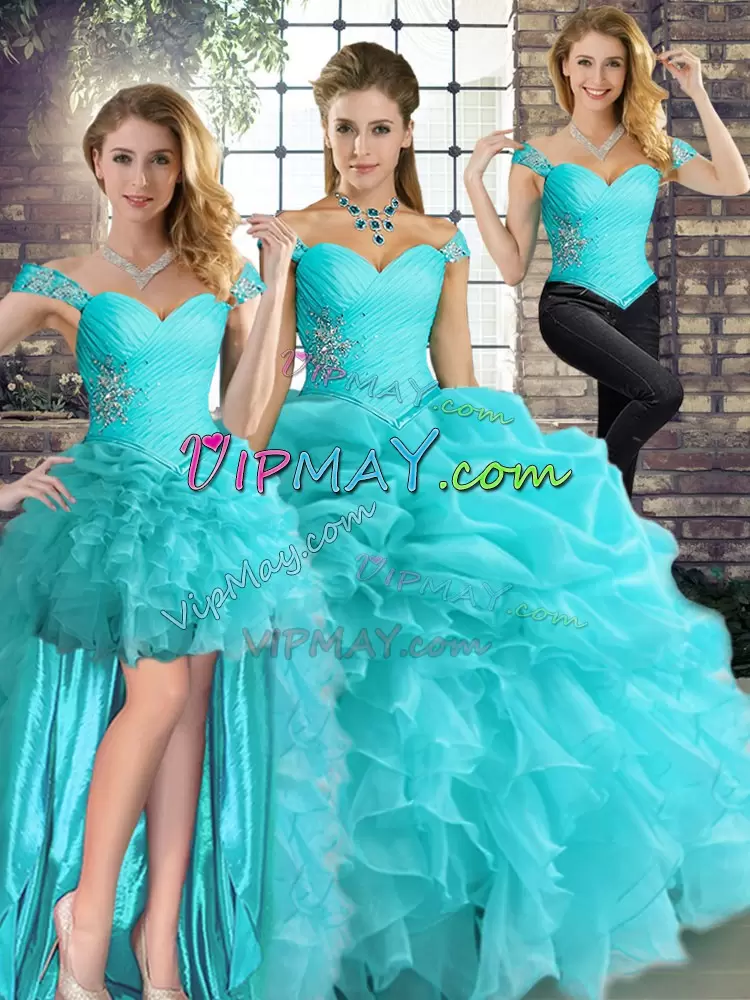 Aqua Blue Three Pieces Beading and Ruffles and Pick Ups Vestidos de Quinceanera Lace Up Organza Sleeveless Floor Length