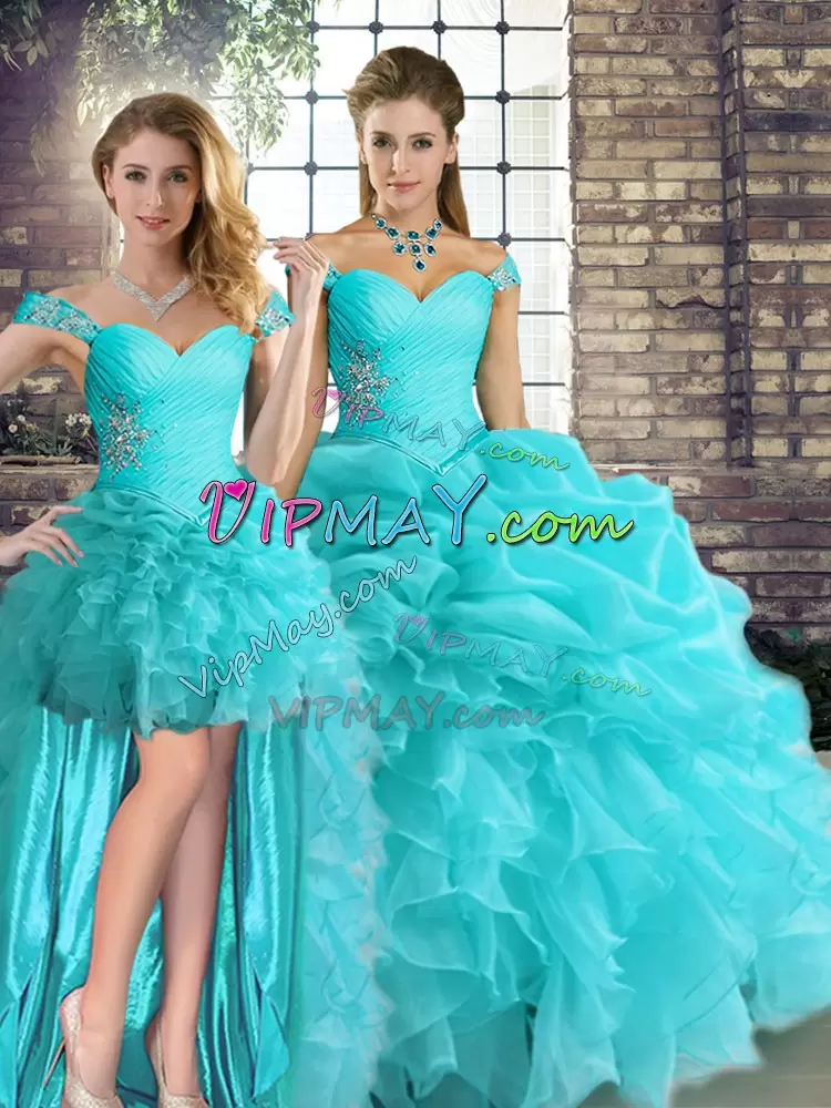 Aqua Blue Three Pieces Beading and Ruffles and Pick Ups Vestidos de Quinceanera Lace Up Organza Sleeveless Floor Length