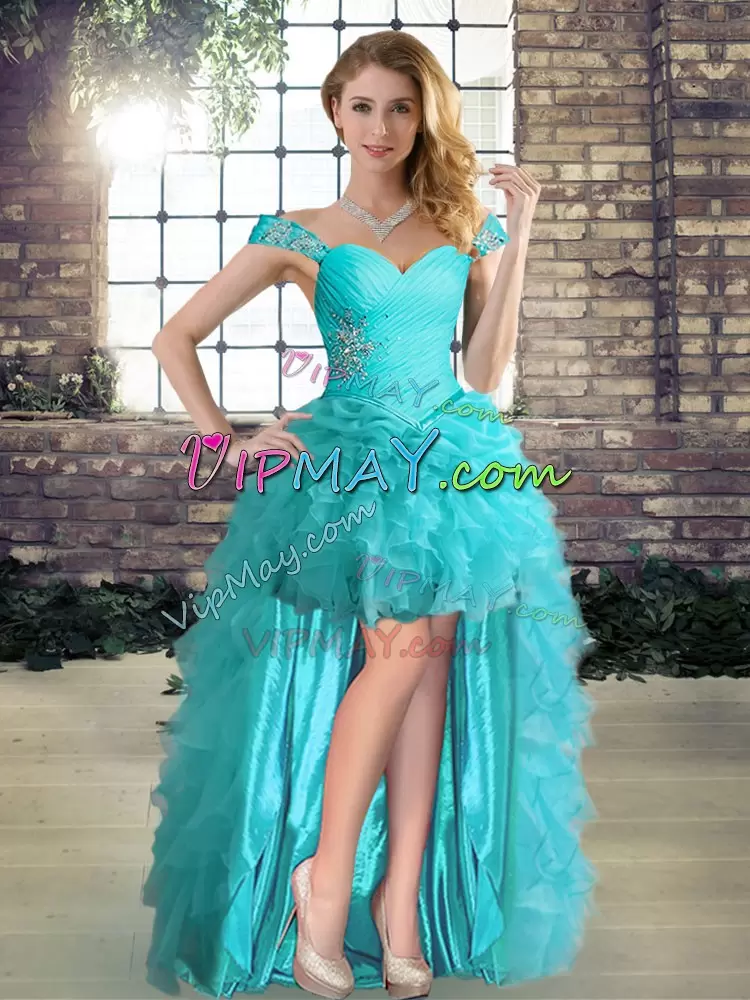 Aqua Blue Three Pieces Beading and Ruffles and Pick Ups Vestidos de Quinceanera Lace Up Organza Sleeveless Floor Length