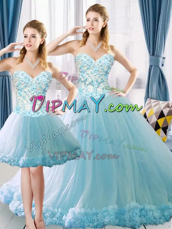 High Quality Light Blue Tulle Lace Up Vestidos de Quinceanera Sleeveless Brush Train Appliques