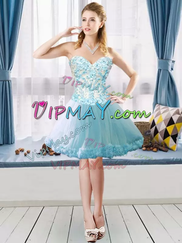 High Quality Light Blue Tulle Lace Up Vestidos de Quinceanera Sleeveless Brush Train Appliques