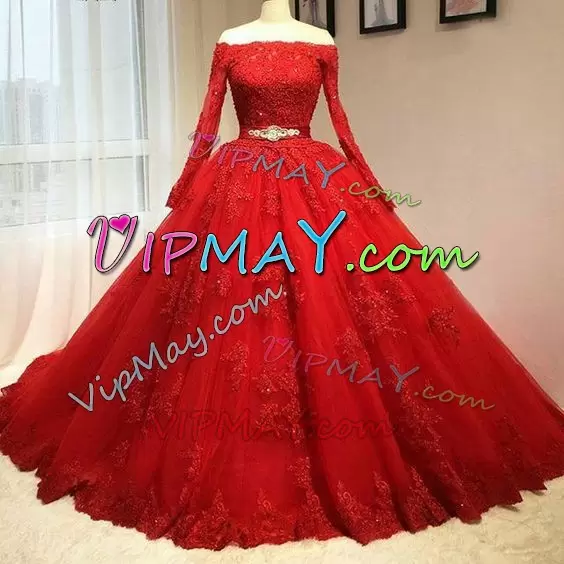 quinceanera dress without persons,red quinceanera dress,bright red quinceanera dress,long sleeve lace quinceanera dress,long sleeves illusion quinceanera dress,quinceanera dress long sleeves,long sleeves quinceanera dress,tulle quinceanera dress,rhinestone belts for formal dress,quinceanera dress with belt,off the shoulder quinceanera dress,
