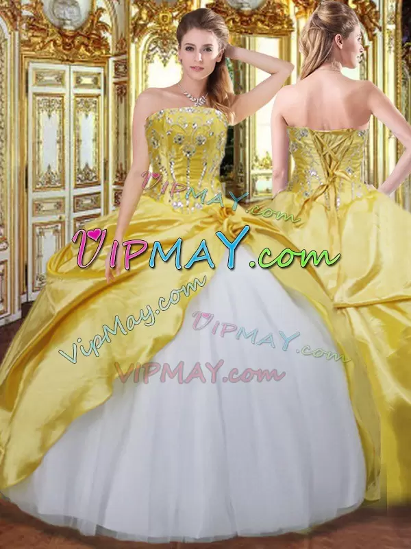 Elegant Floor Length Lace Up Ball Gown Prom Dress Gold for Military Ball and Sweet 16 and Quinceanera with Beading and Hand Made Flower