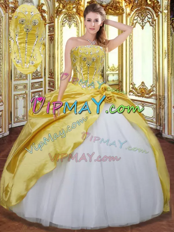 Elegant Floor Length Lace Up Ball Gown Prom Dress Gold for Military Ball and Sweet 16 and Quinceanera with Beading and Hand Made Flower