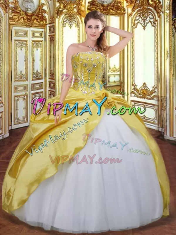 Elegant Floor Length Lace Up Ball Gown Prom Dress Gold for Military Ball and Sweet 16 and Quinceanera with Beading and Hand Made Flower