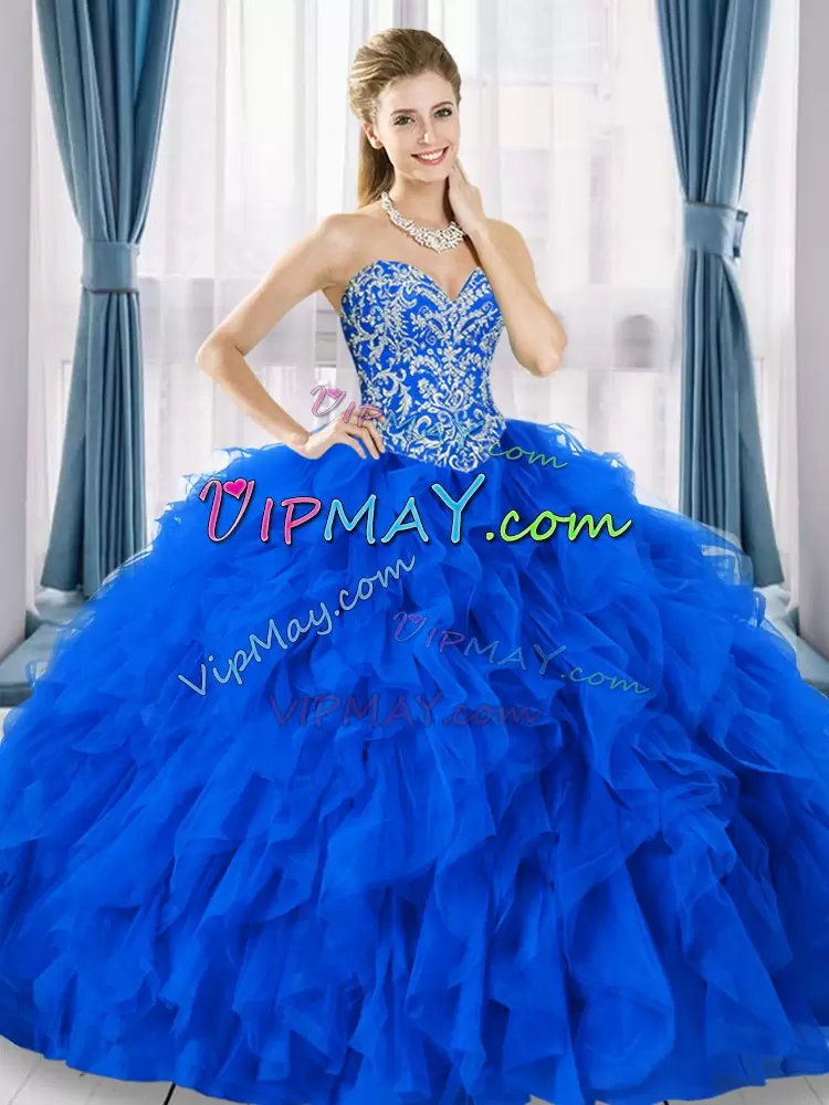 Royal Blue Sleeveless Beading and Ruffles Floor Length Quinceanera Dresses