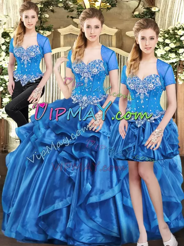 Wonderful Sweetheart Sleeveless Sweet 16 Dresses Floor Length Beading and Ruffles Blue Organza