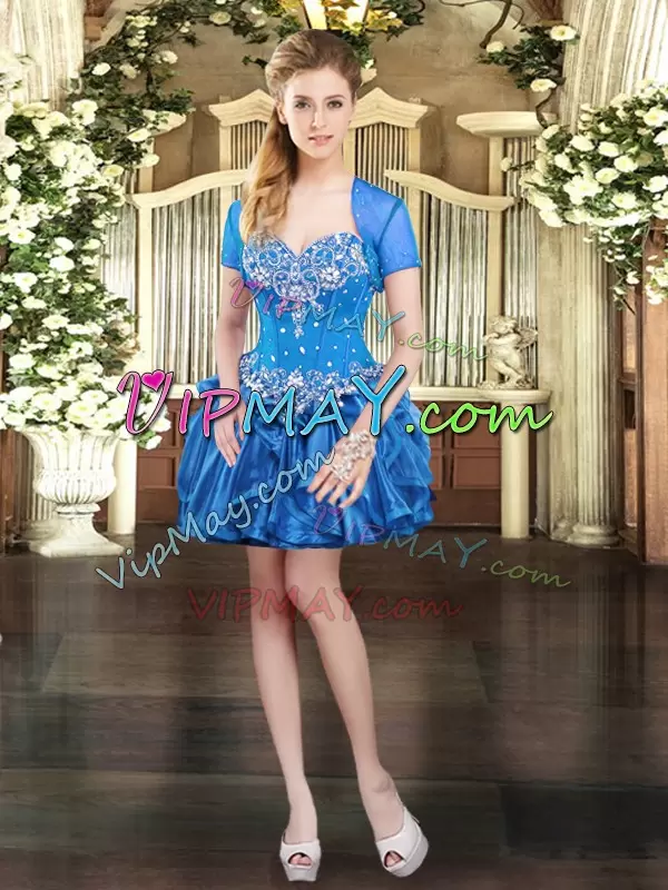 Wonderful Sweetheart Sleeveless Sweet 16 Dresses Floor Length Beading and Ruffles Blue Organza