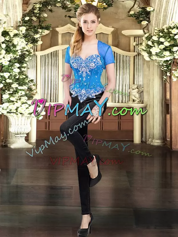 Wonderful Sweetheart Sleeveless Sweet 16 Dresses Floor Length Beading and Ruffles Blue Organza