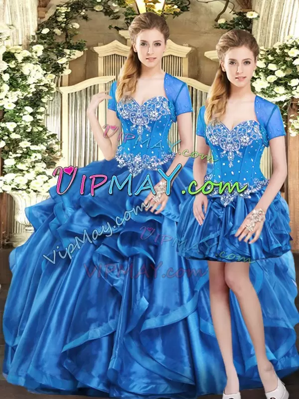 Wonderful Sweetheart Sleeveless Sweet 16 Dresses Floor Length Beading and Ruffles Blue Organza