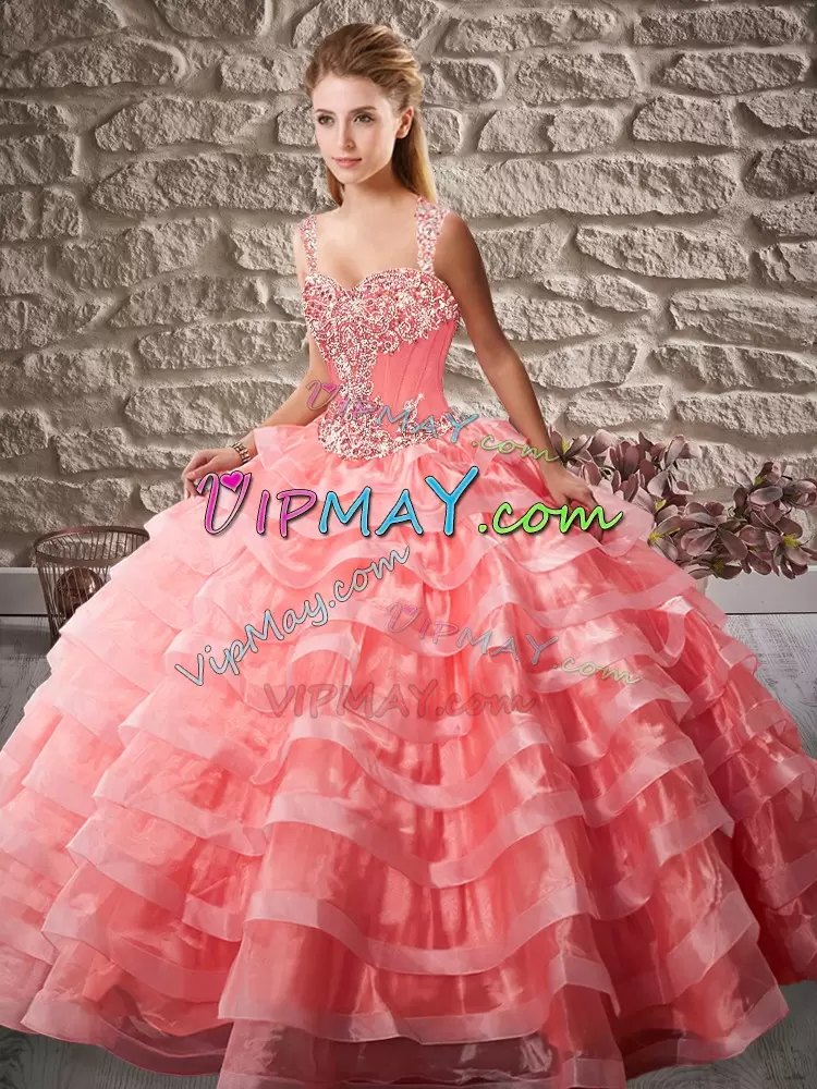 Modest Watermelon Red 15th Birthday Dress Straps Sleeveless Court Train Lace Up