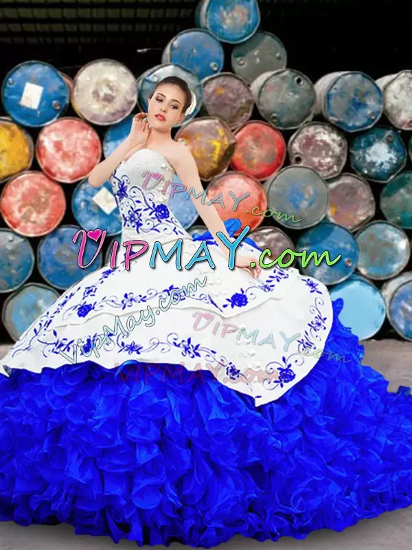 Vintage White and Blue Ball Gowns Organza and Taffeta Sweetheart Sleeveless Embroidery and Ruffles With Train Lace Up 15th Birthday Dress Brush Train