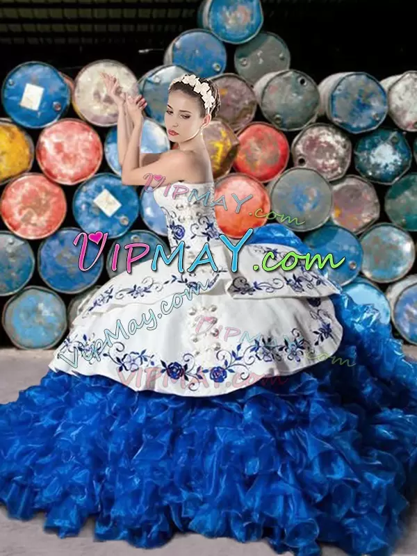 Vintage White and Blue Ball Gowns Organza and Taffeta Sweetheart Sleeveless Embroidery and Ruffles With Train Lace Up 15th Birthday Dress Brush Train