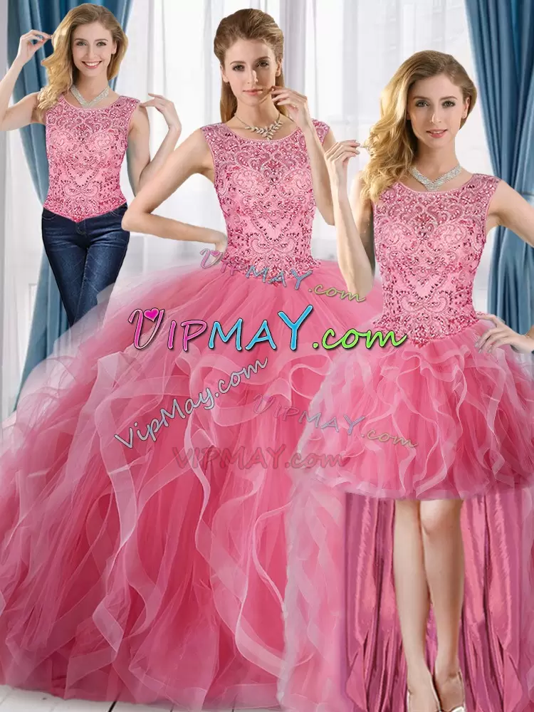 Pink Ball Gowns Beading 15 Quinceanera Dress Tulle Sleeveless Floor Length