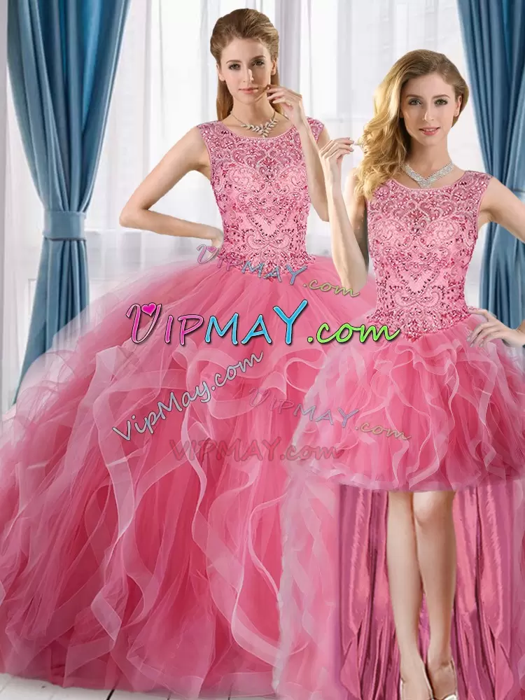 Pink Ball Gowns Beading 15 Quinceanera Dress Tulle Sleeveless Floor Length