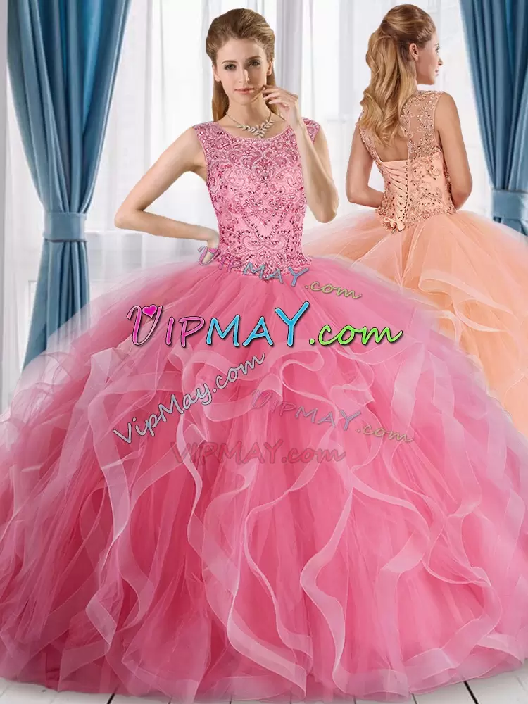 Pink Ball Gowns Beading 15 Quinceanera Dress Tulle Sleeveless Floor Length