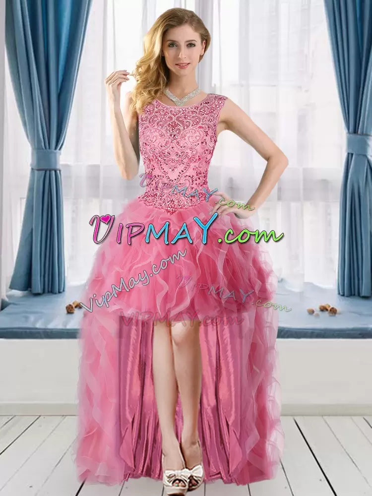 Pink Ball Gowns Beading 15 Quinceanera Dress Tulle Sleeveless Floor Length