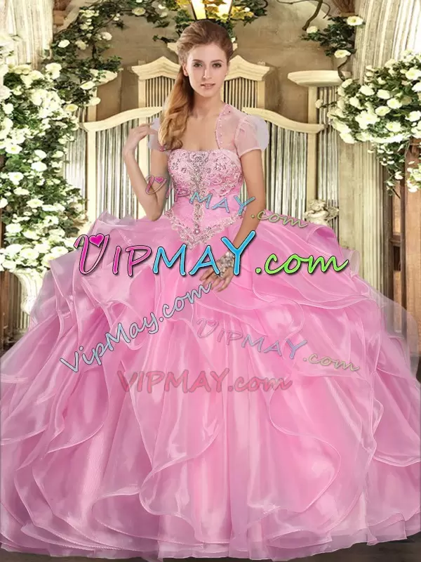 Custom Made Strapless Sleeveless Sweet 16 Quinceanera Dress Floor Length Appliques and Ruffles Rose Pink Organza