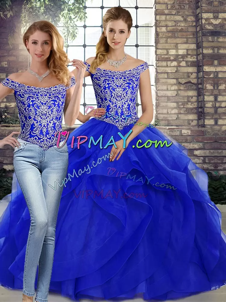 Royal Blue Quinceanera Gown Off The Shoulder Sleeveless Brush Train Lace Up