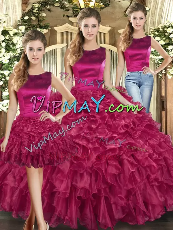 Sexy Ruffles 15 Quinceanera Dress Fuchsia Lace Up Sleeveless Floor Length