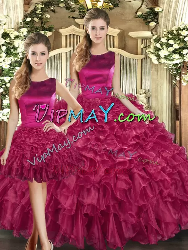 Sexy Ruffles 15 Quinceanera Dress Fuchsia Lace Up Sleeveless Floor Length