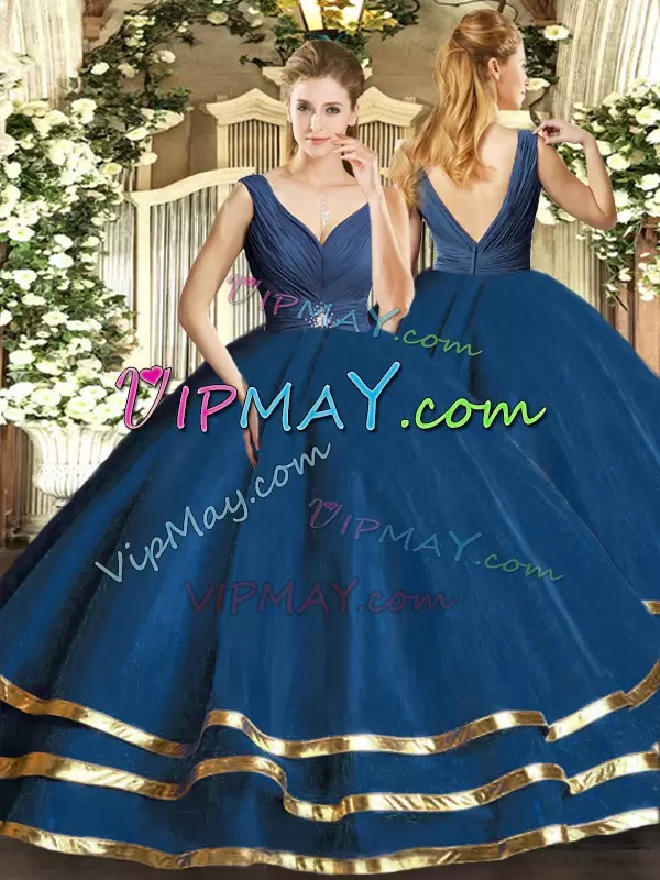 Fashion Navy Blue Ball Gowns V-neck Sleeveless Tulle Floor Length Backless Beading and Ruffled Layers Sweet 16 Dresses