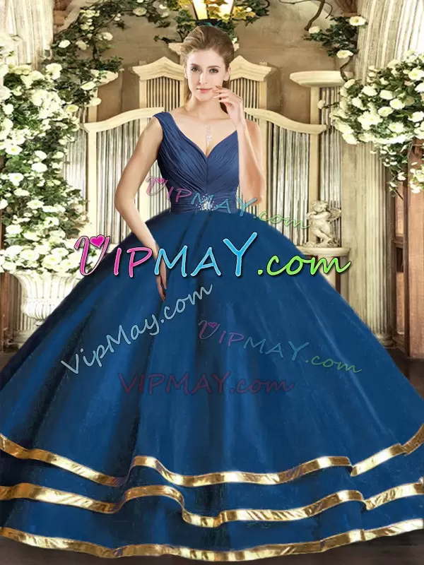 Fashion Navy Blue Ball Gowns V-neck Sleeveless Tulle Floor Length Backless Beading and Ruffled Layers Sweet 16 Dresses