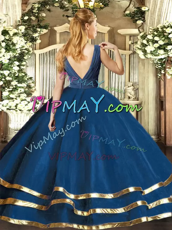 Fashion Navy Blue Ball Gowns V-neck Sleeveless Tulle Floor Length Backless Beading and Ruffled Layers Sweet 16 Dresses