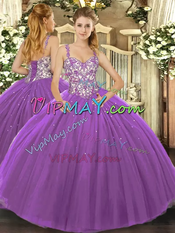 Luxurious Straps Sleeveless Lace Up Vestidos de Quinceanera Purple Tulle Beading and Appliques