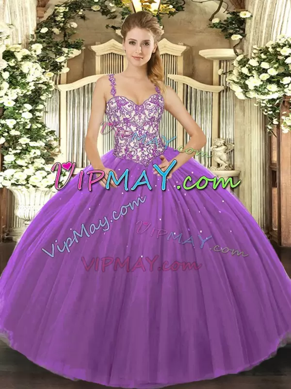 Luxurious Straps Sleeveless Lace Up Vestidos de Quinceanera Purple Tulle Beading and Appliques