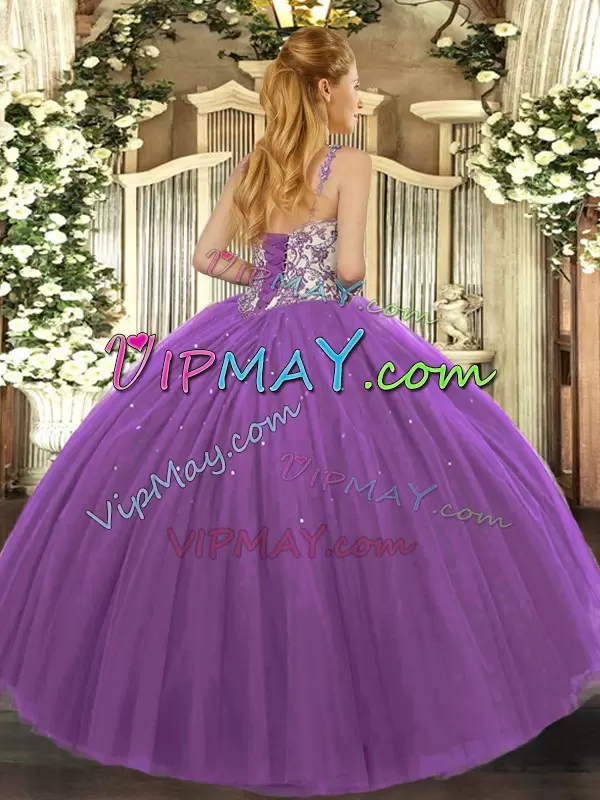 Luxurious Straps Sleeveless Lace Up Vestidos de Quinceanera Purple Tulle Beading and Appliques