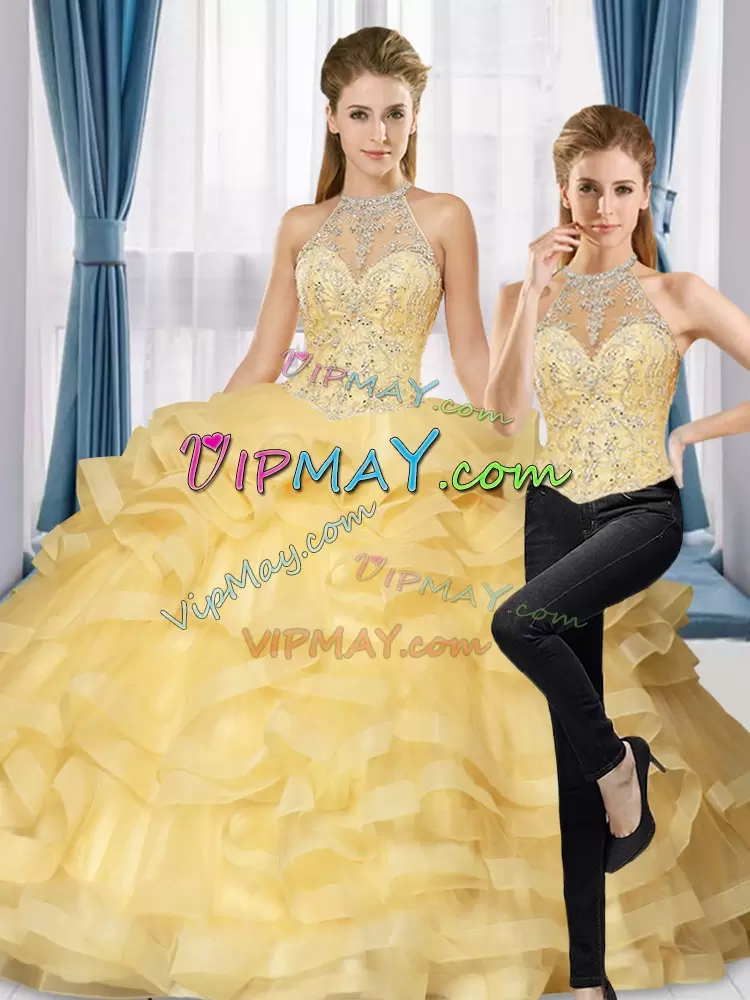 Low Price Gold Quince Ball Gowns Organza Sweep Train Sleeveless Beading and Ruffled Layers