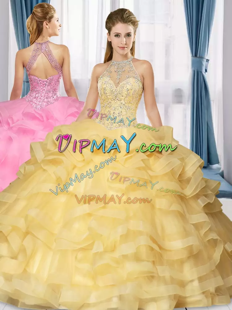 Low Price Gold Quince Ball Gowns Organza Sweep Train Sleeveless Beading and Ruffled Layers