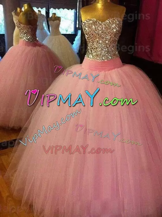 Comfortable Pink Fully Rhinestone Quinceanera Dress with Tulle Skirt