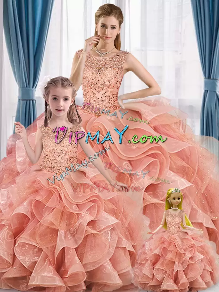 Peach Organza Lace Up Scoop Sleeveless Floor Length Sweet 16 Dress Beading and Ruffles