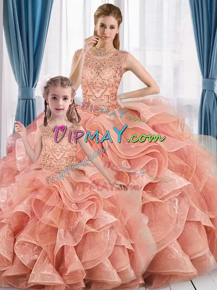 Peach Organza Lace Up Scoop Sleeveless Floor Length Sweet 16 Dress Beading and Ruffles