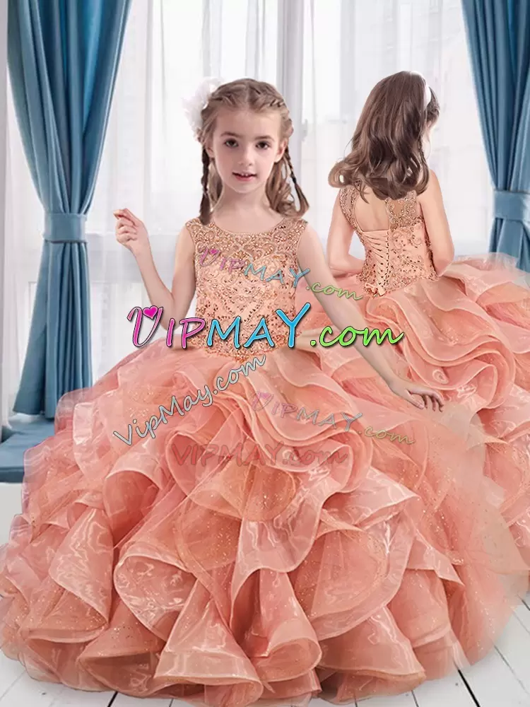 Peach Organza Lace Up Scoop Sleeveless Floor Length Sweet 16 Dress Beading and Ruffles