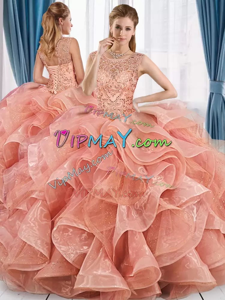 Peach Organza Lace Up Scoop Sleeveless Floor Length Sweet 16 Dress Beading and Ruffles