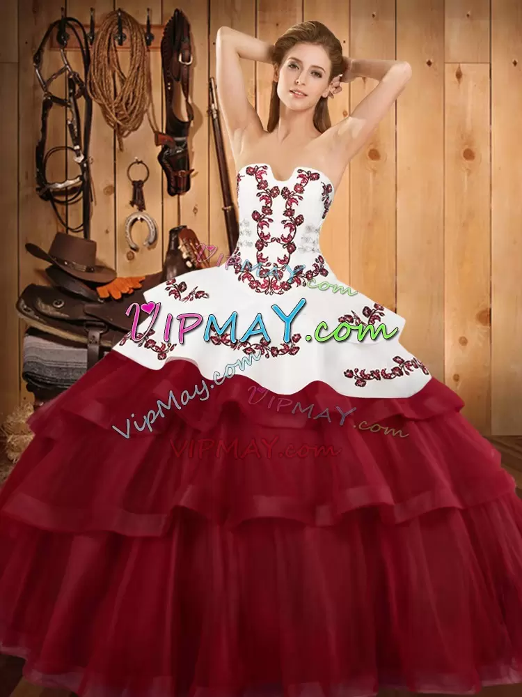 Simple Strapless Sleeveless Tulle Ball Gown Prom Dress Embroidery and Ruffled Layers Sweep Train Lace Up