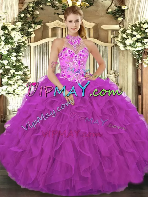 Custom Made Fuchsia Vestidos de Quinceanera Military Ball and Sweet 16 and Quinceanera with Beading and Embroidery and Ruffles Halter Top Sleeveless Lace Up