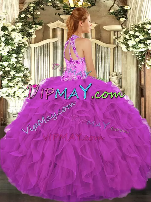 Custom Made Fuchsia Vestidos de Quinceanera Military Ball and Sweet 16 and Quinceanera with Beading and Embroidery and Ruffles Halter Top Sleeveless Lace Up