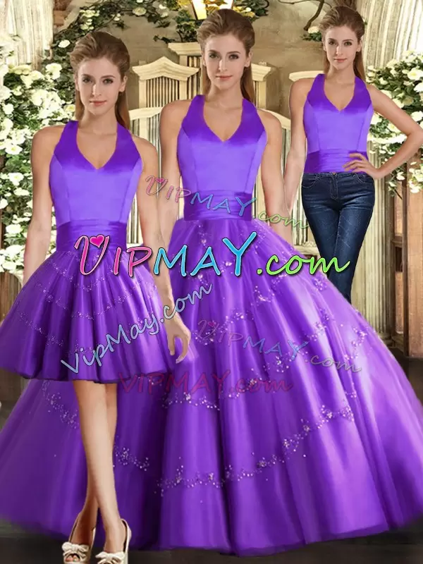 Fabulous Purple Sleeveless Tulle Lace Up Vestidos de Quinceanera for Sweet 16 and Quinceanera
