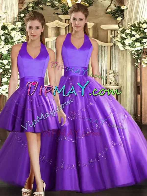 Fabulous Purple Sleeveless Tulle Lace Up Vestidos de Quinceanera for Sweet 16 and Quinceanera