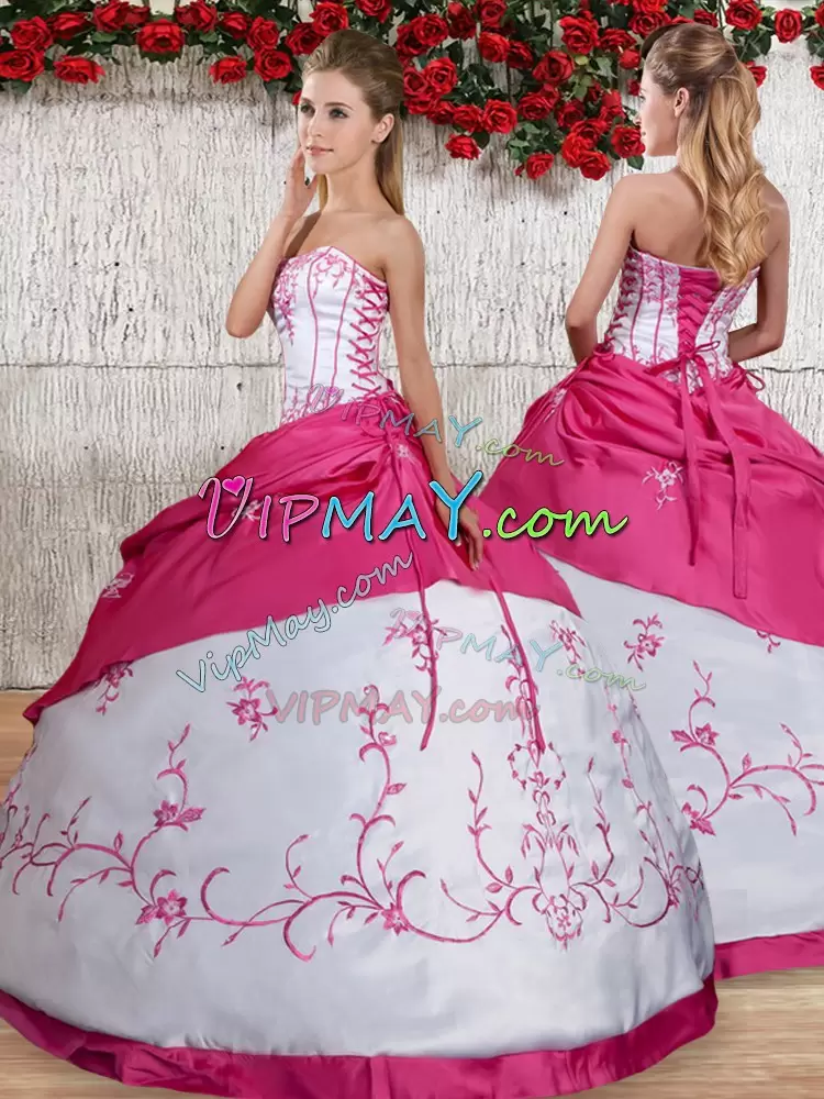 Shining Strapless Sleeveless Quinceanera Dress Floor Length Embroidery and Pick Ups White Taffeta