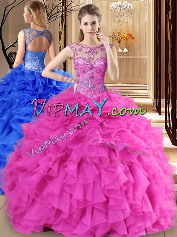 Wonderful Hot Pink Scoop Neckline Beading and Ruffles Quinceanera Dresses Sleeveless Lace Up